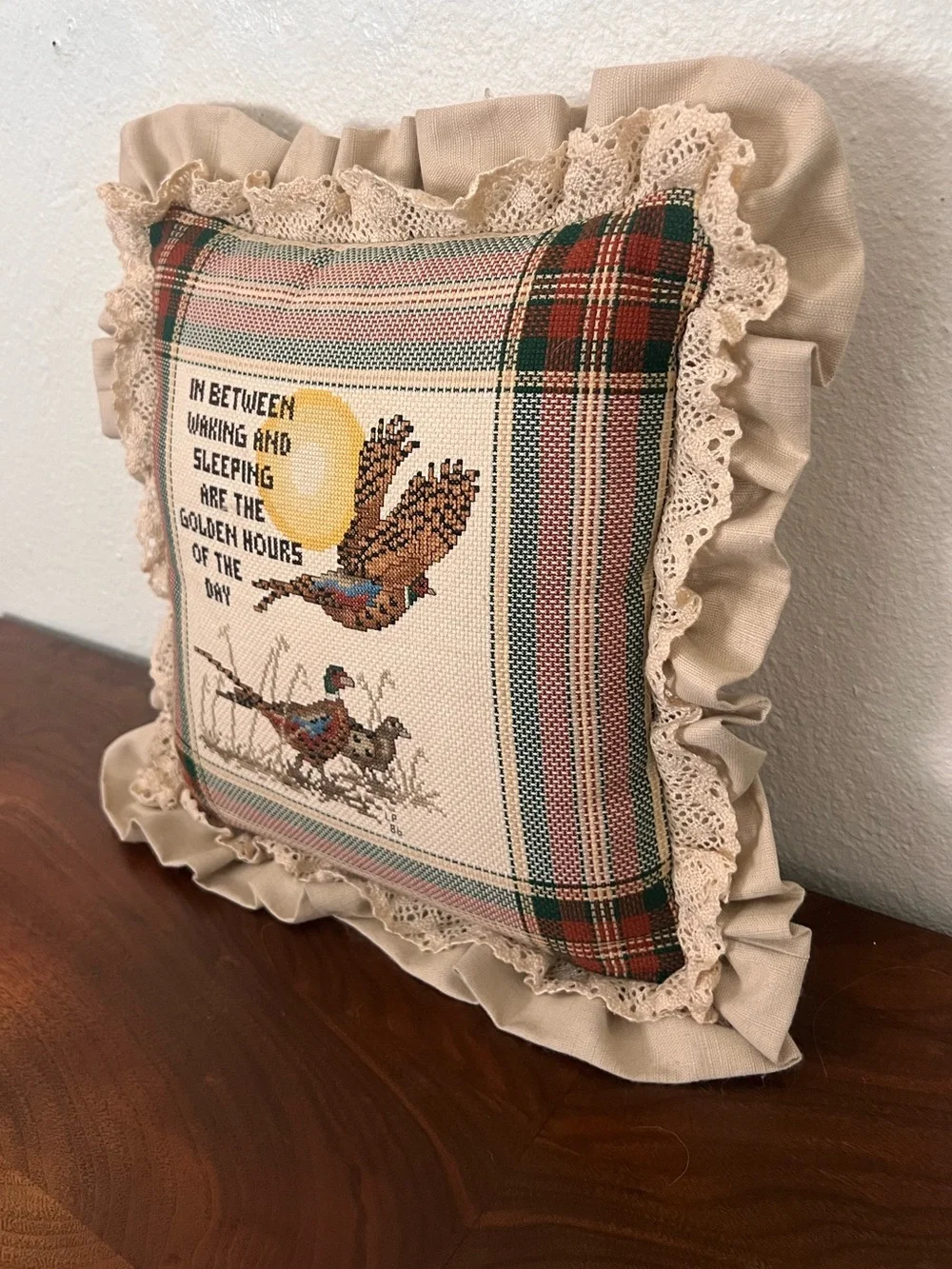Vintage 90s Cross-Stitch Embroidered Pheasant Ruffle Pillow